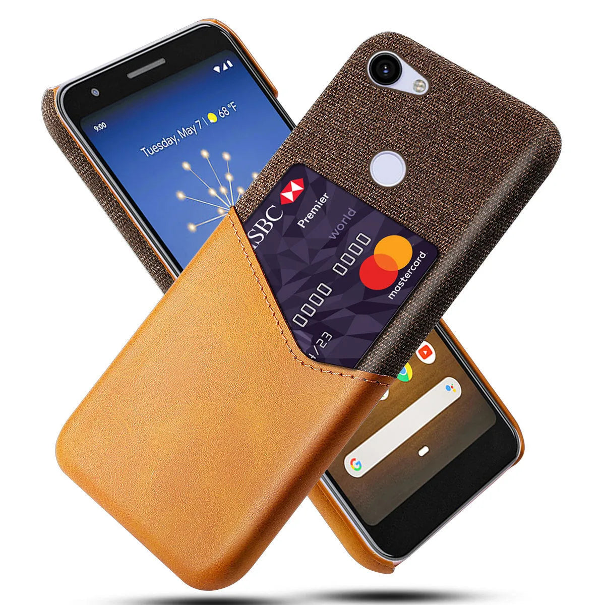 Solid-colour leather back cover case for Google Pixel mobile phone on a table.