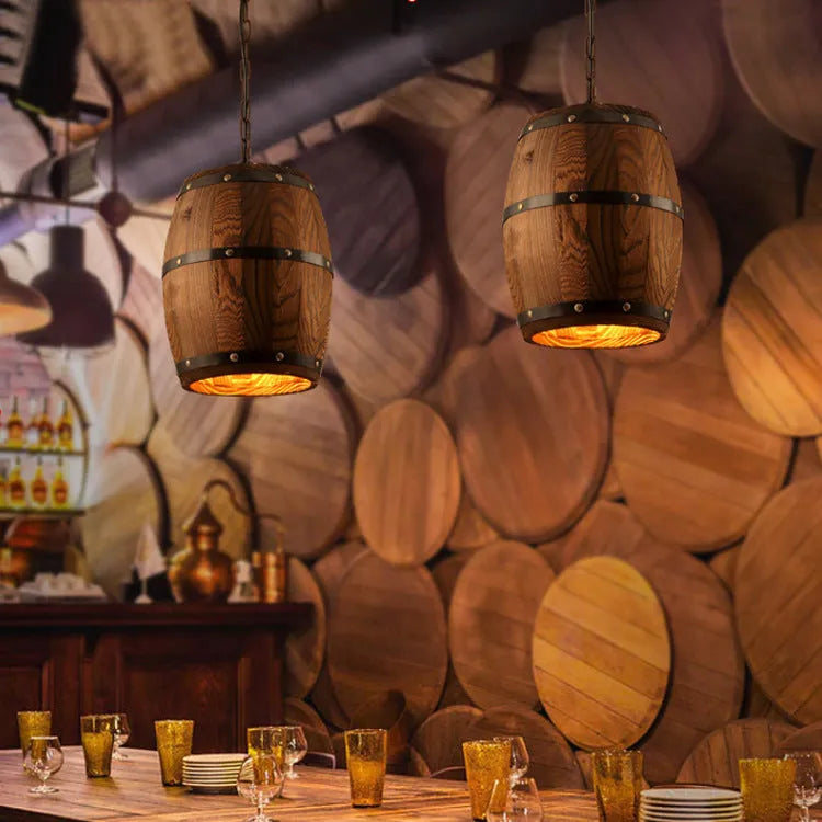 Wooden wine barrel chandelier with adjustable height and E27 bulb base for dining room