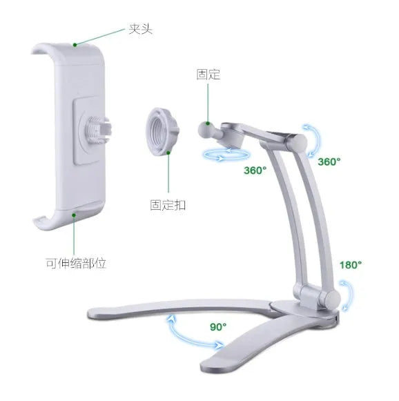 Silver aluminium alloy desktop tablet stand with adjustable black clips, holding a tablet.