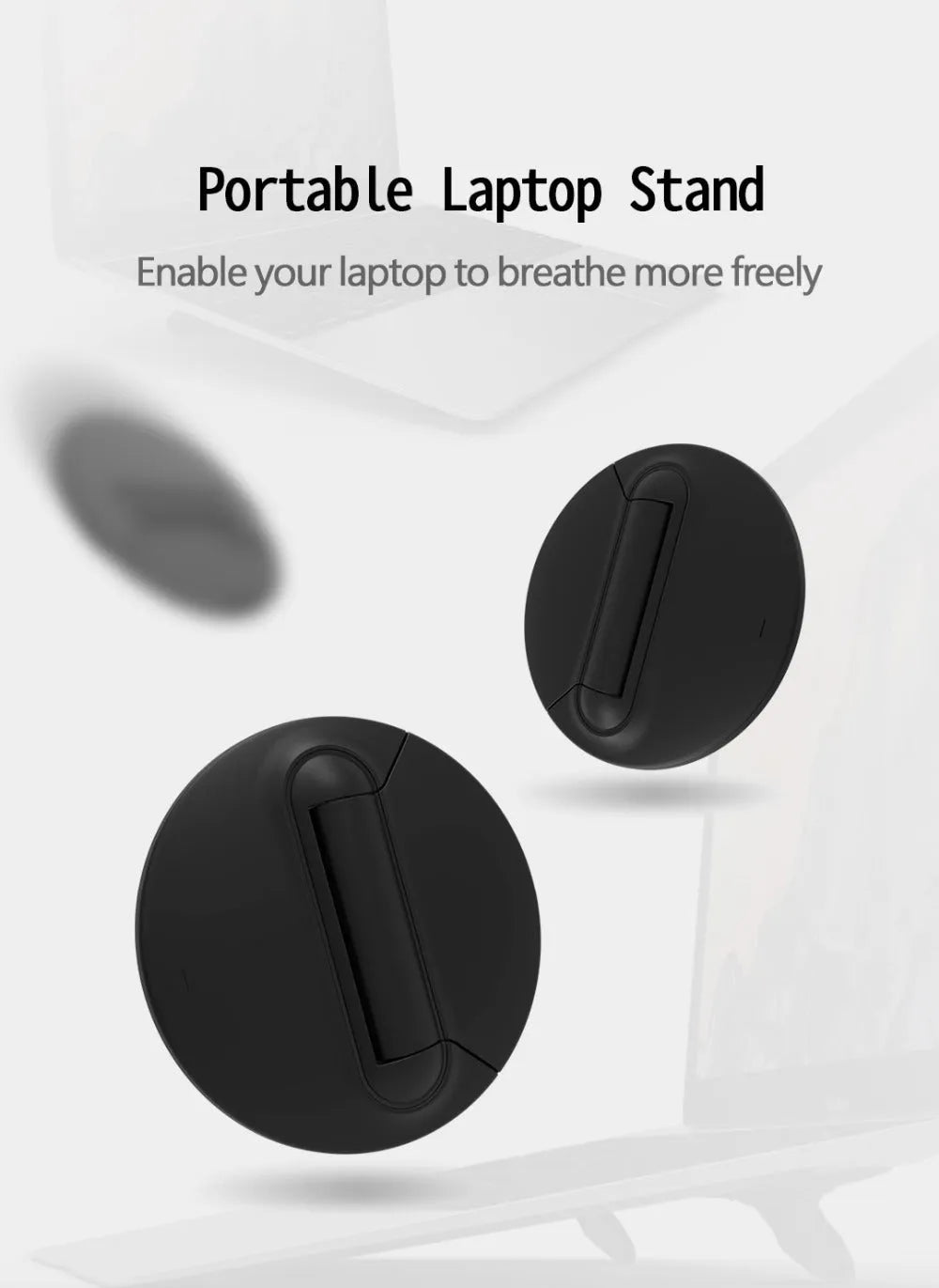 Two black adjustable mini laptop stands on a desk with a laptop, showing 50x50x6.5mm size