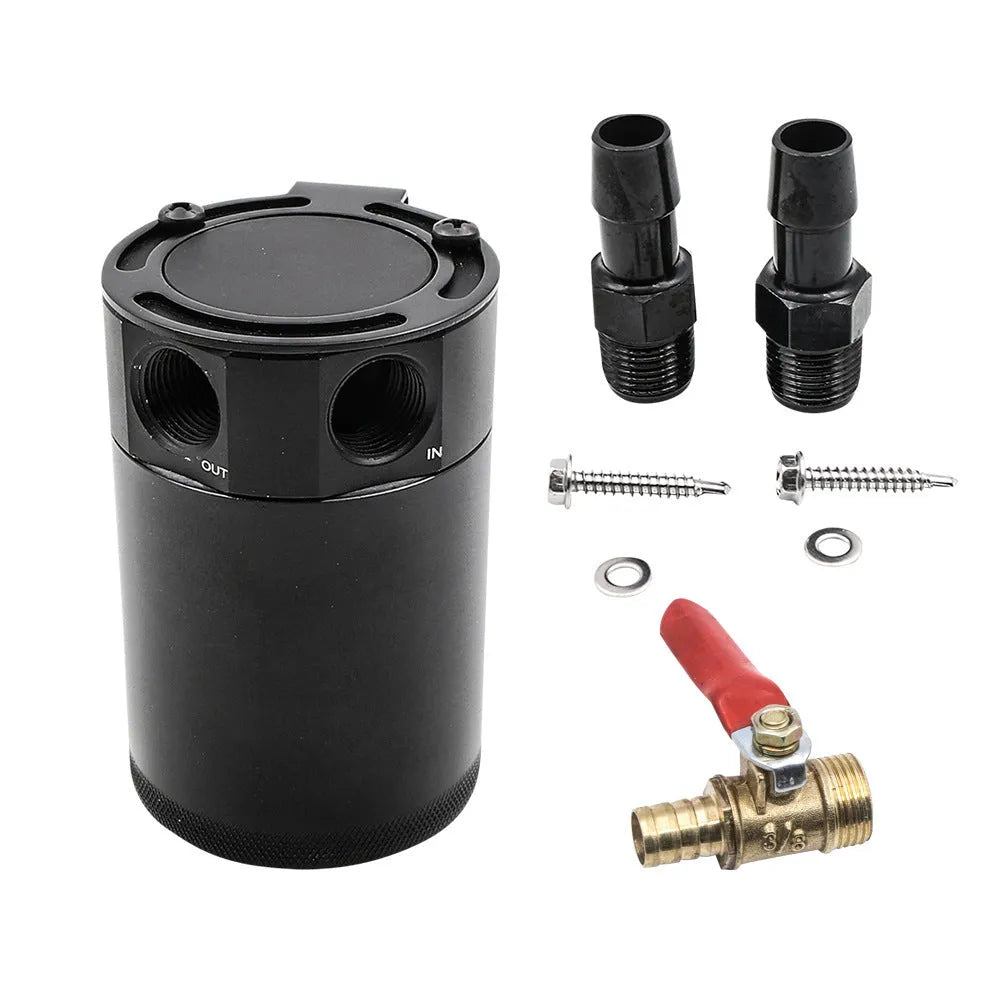 Black aluminium two-hole automotive oil pot with connectors and mounting hardware