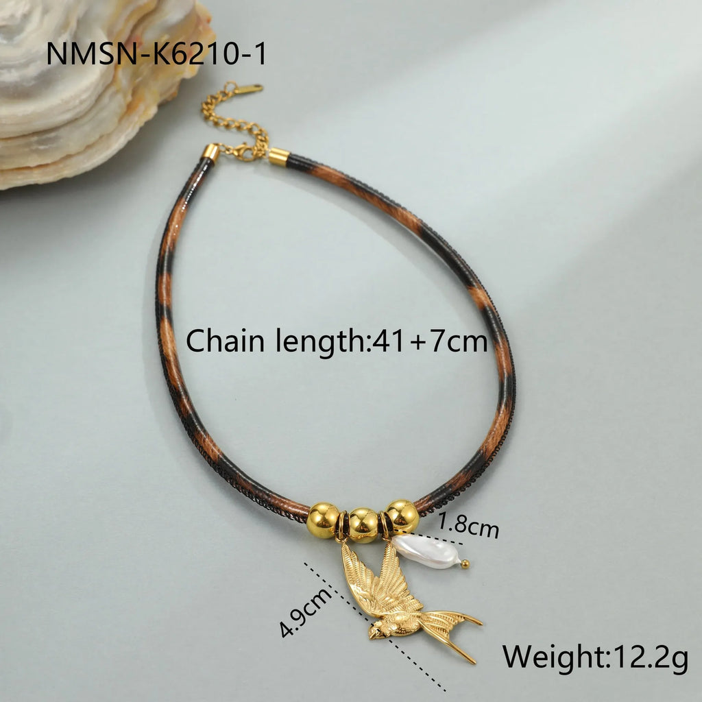 Geometric leopard head stainless steel necklace with gold electroplated finish on adjustable chain
