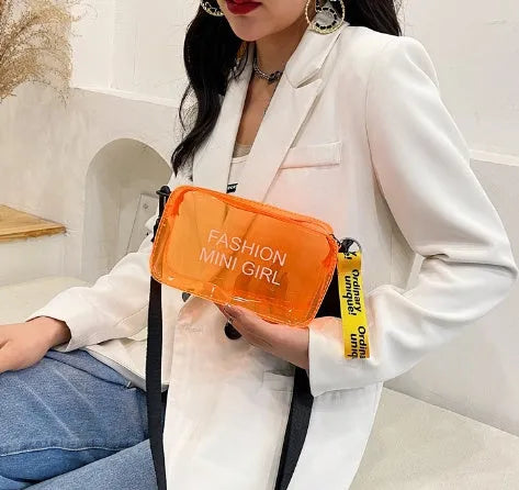 Transparent square jelly women's shoulder bag with a diagonal cross strap, shown in multiple colours.