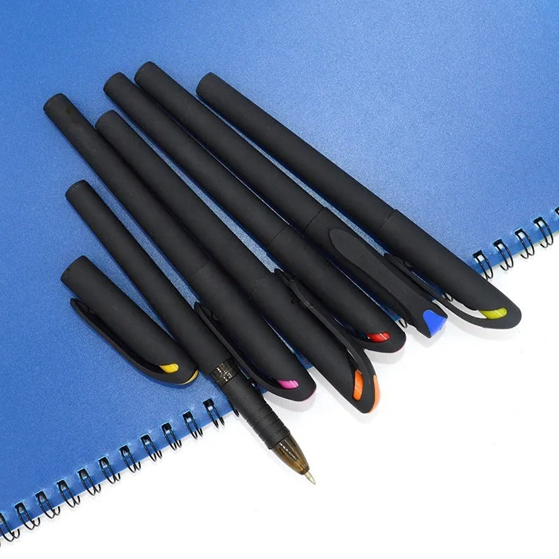 Ten plastic gel pens in various colours showing 14cm length with black ink refills