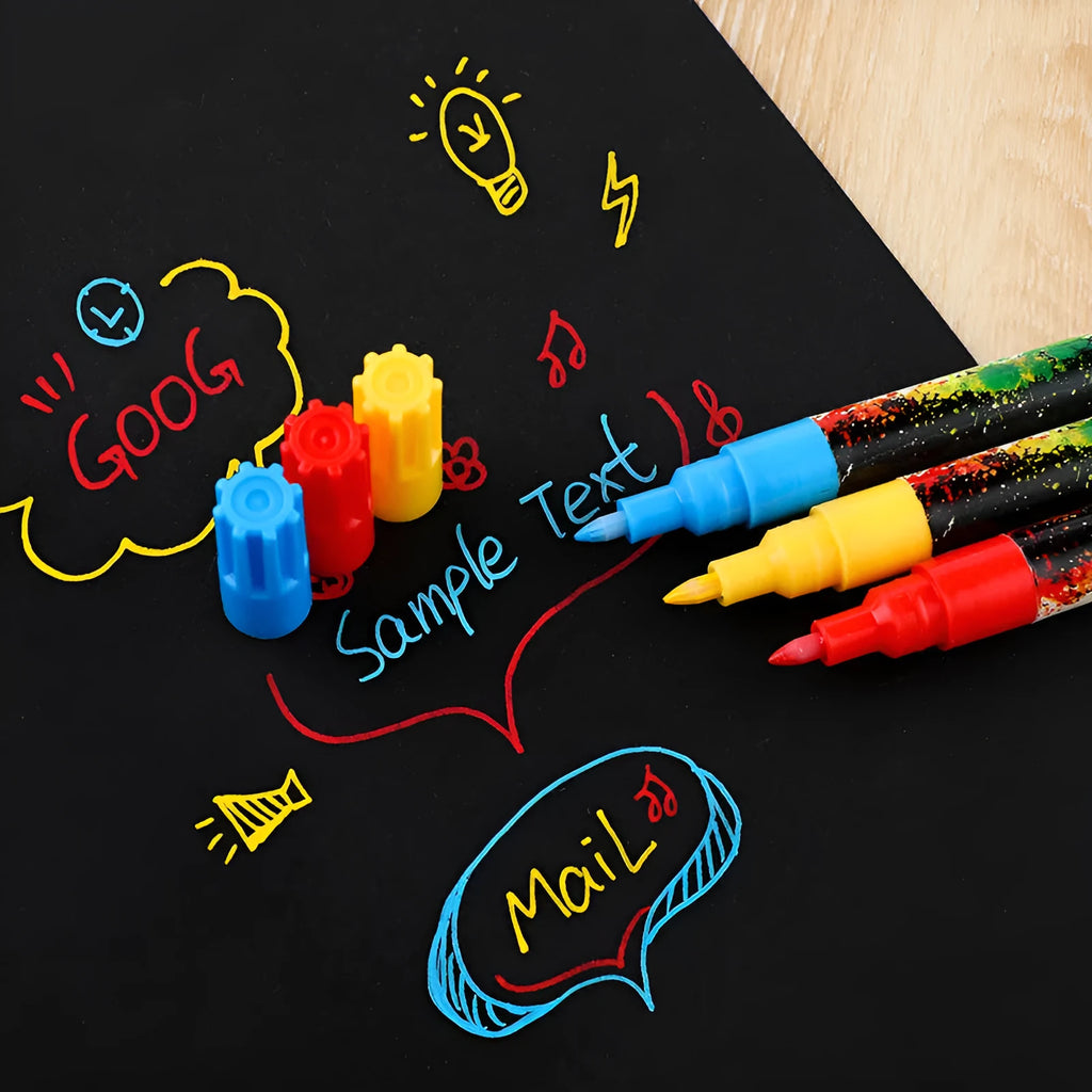 Set of six colourful acrylic graffiti marker pens with 0.7mm tips in a plastic box.