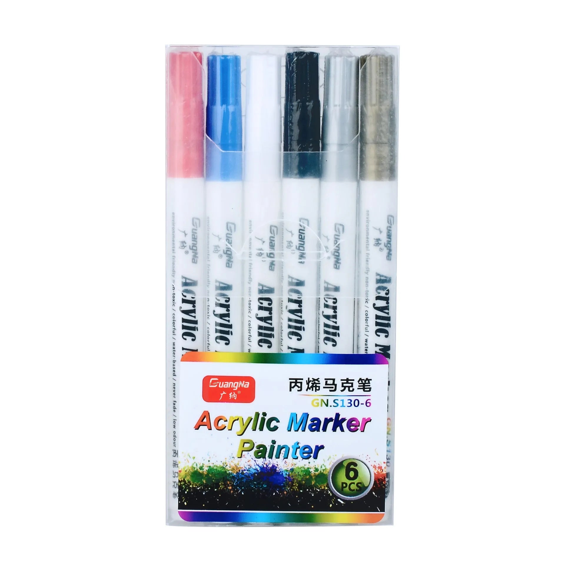 Set of six colourful acrylic graffiti marker pens with 0.7mm tips in a plastic box.