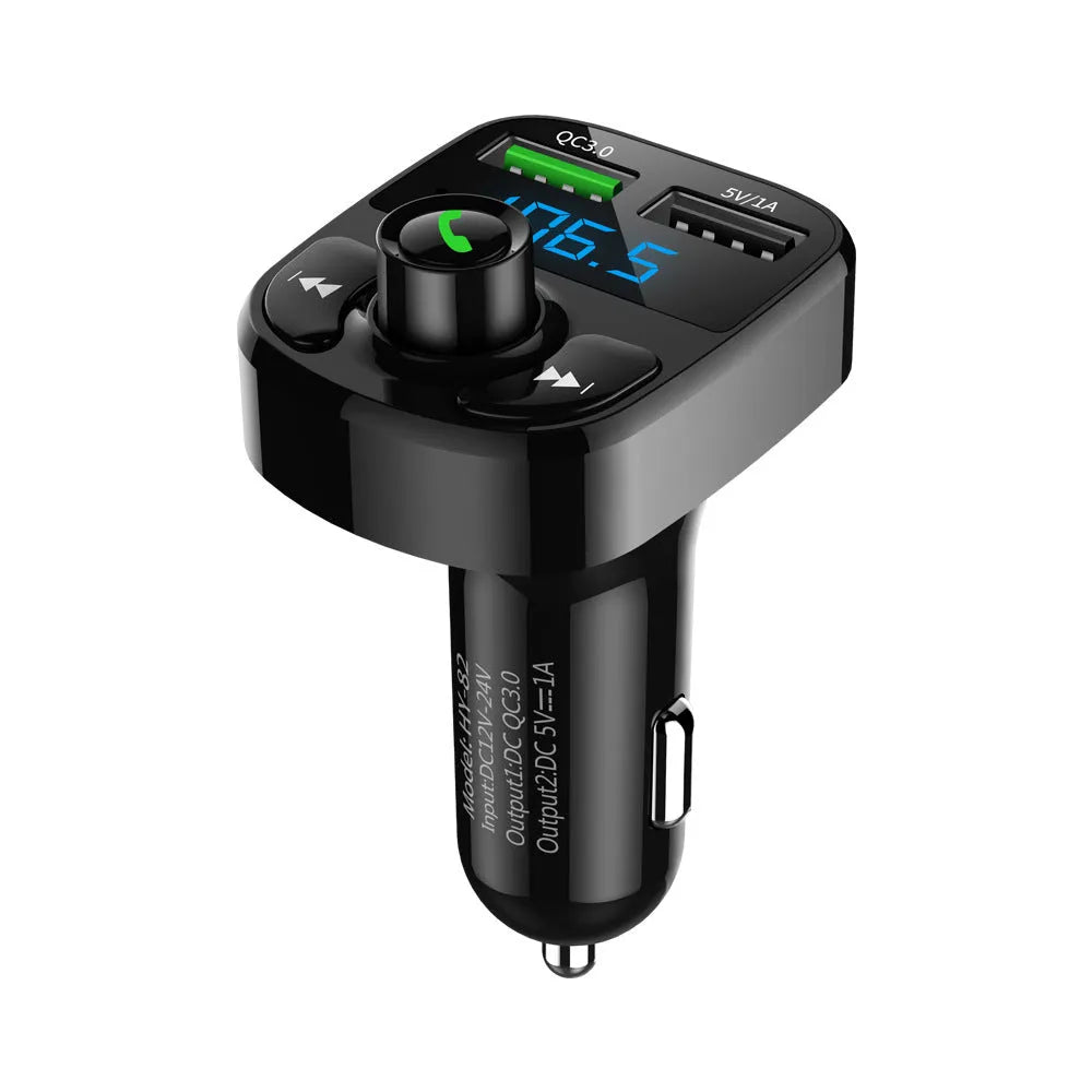 HY82 car Bluetooth MP3 player and FM transmitter plugged into a car cigarette lighter socket.