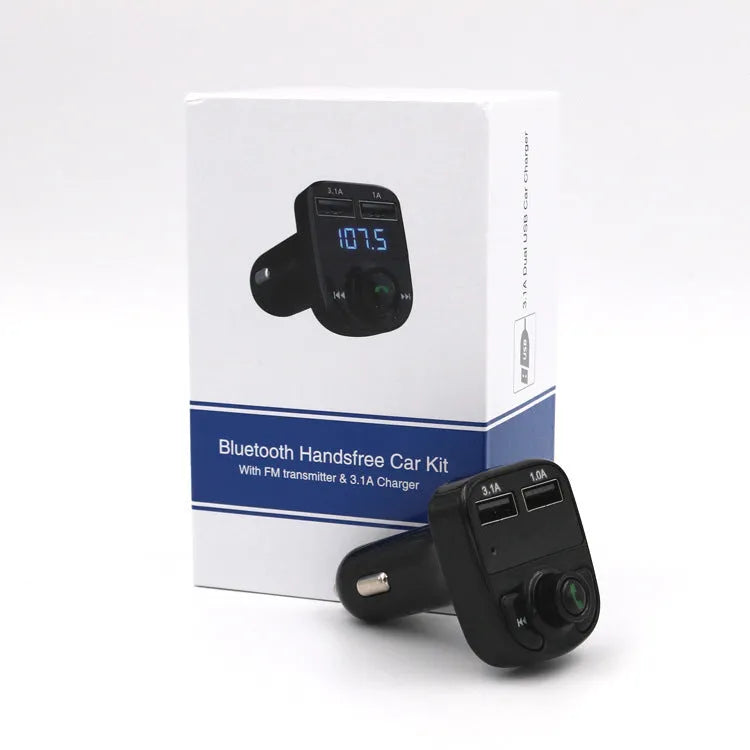 HY82 car Bluetooth MP3 player and FM transmitter plugged into a car cigarette lighter socket.