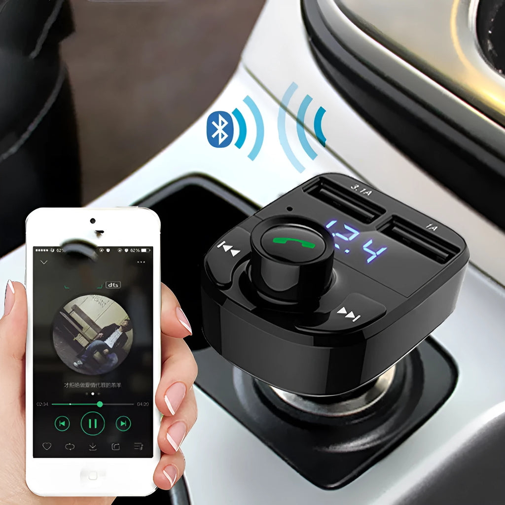 HY82 car Bluetooth MP3 player and FM transmitter plugged into a car cigarette lighter socket.