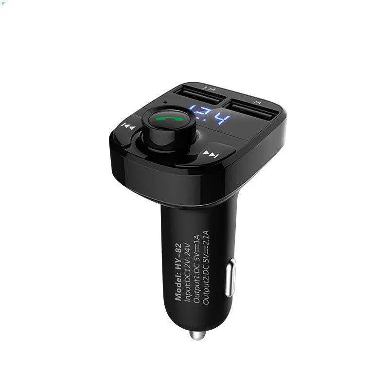 HY82 car Bluetooth MP3 player and FM transmitter plugged into a car cigarette lighter socket.