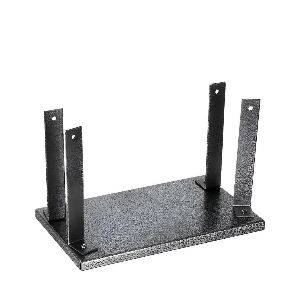 Black iron flip chip bracket for portable electric planer on a workbench.