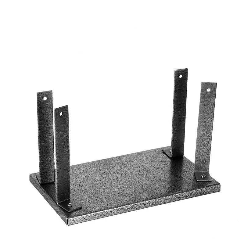 Black iron flip chip bracket for portable electric planer on a workbench.