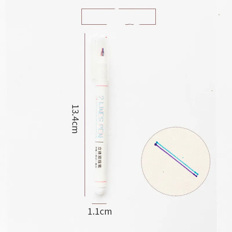 A double-ended two-colour highlighter and pen with a 0.5mm tip, shown in multiple colour options on a notebook.