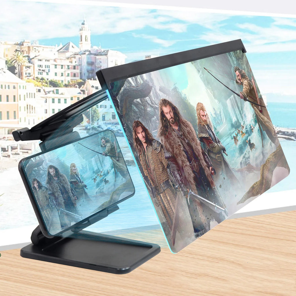 L20 black mobile phone screen magnifier showing 12-inch acrylic lens and separate ABS plastic phone bracket.