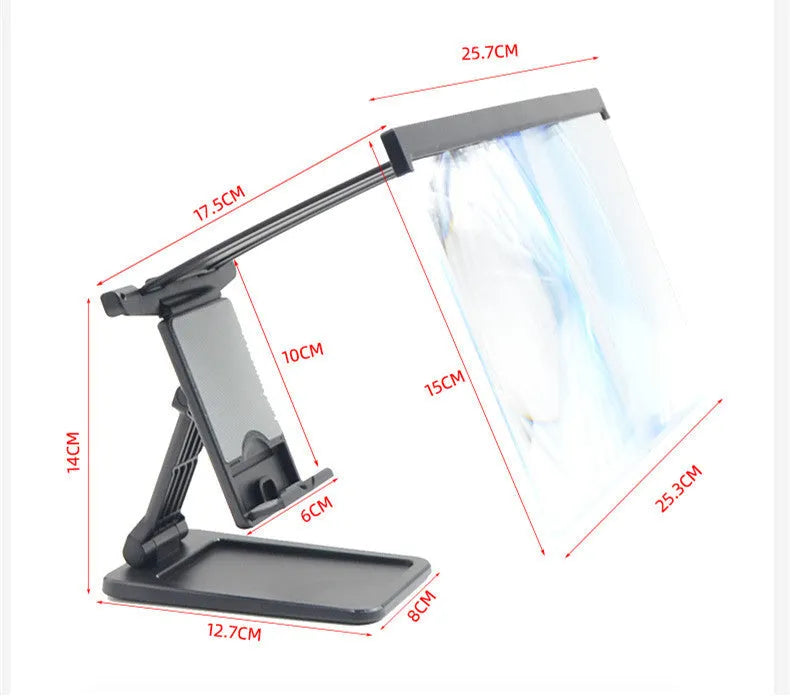 L20 black mobile phone screen magnifier showing 12-inch acrylic lens and separate ABS plastic phone bracket.