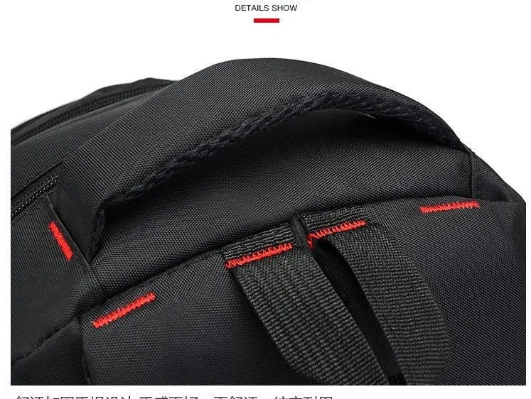 Blue Oxford fabric school backpack with padded black shoulder straps and side pockets.