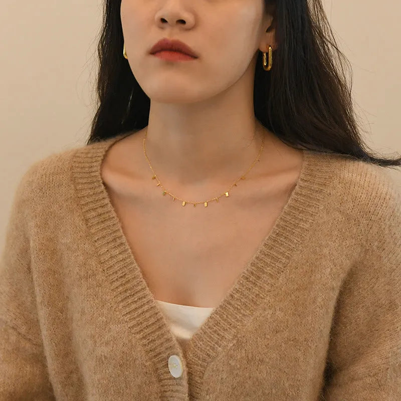Peri'sBox gold titanium steel dainty necklace with small round waterdrop and rectangle charms on cross chain