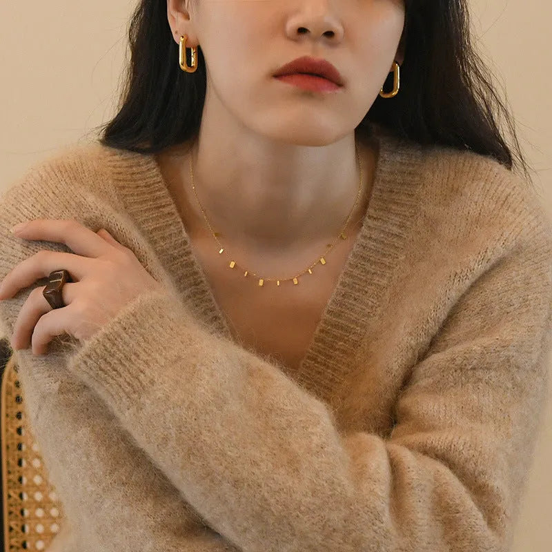 Peri'sBox gold titanium steel dainty necklace with small round waterdrop and rectangle charms on cross chain