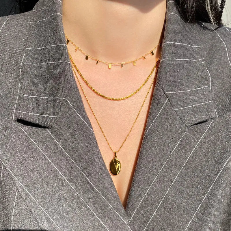 Peri'sBox gold titanium steel dainty necklace with small round waterdrop and rectangle charms on cross chain