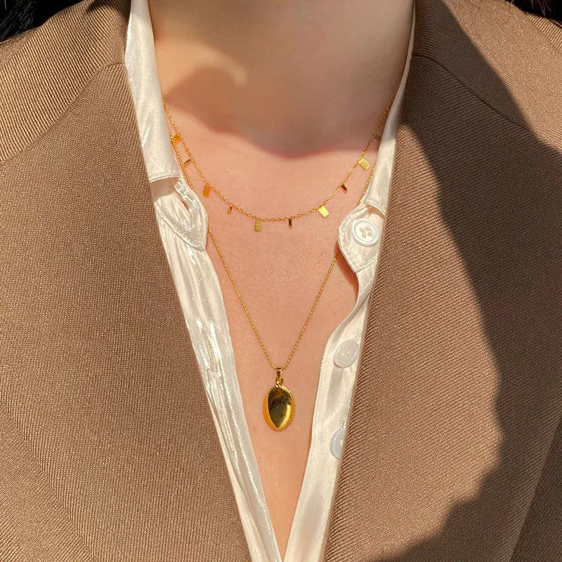 Peri'sBox gold titanium steel dainty necklace with small round waterdrop and rectangle charms on cross chain