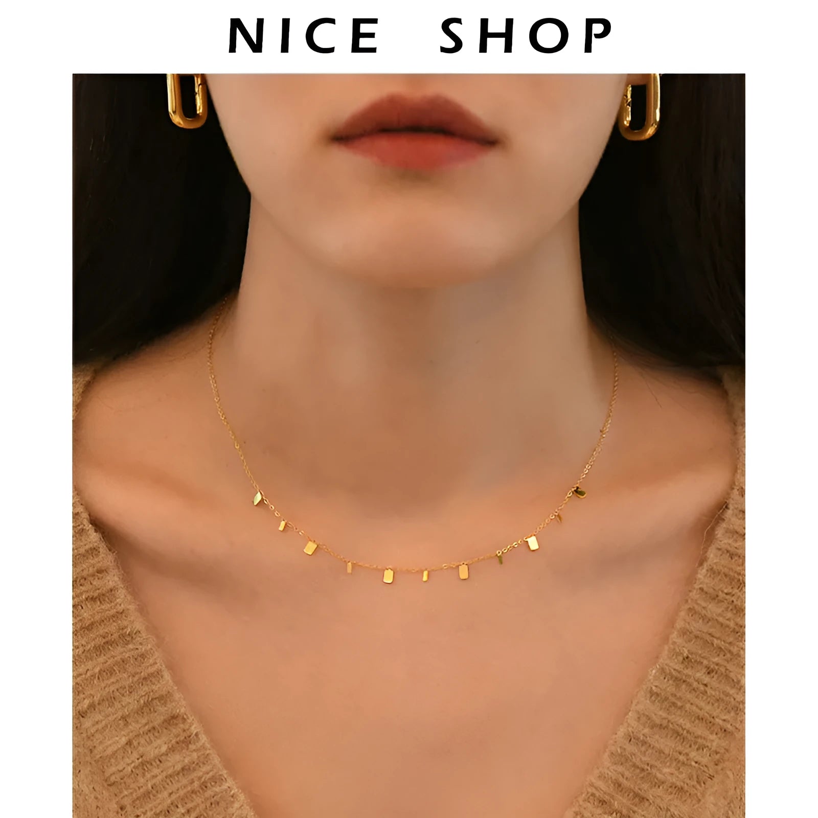 Peri'sBox gold titanium steel dainty necklace with small round waterdrop and rectangle charms on cross chain