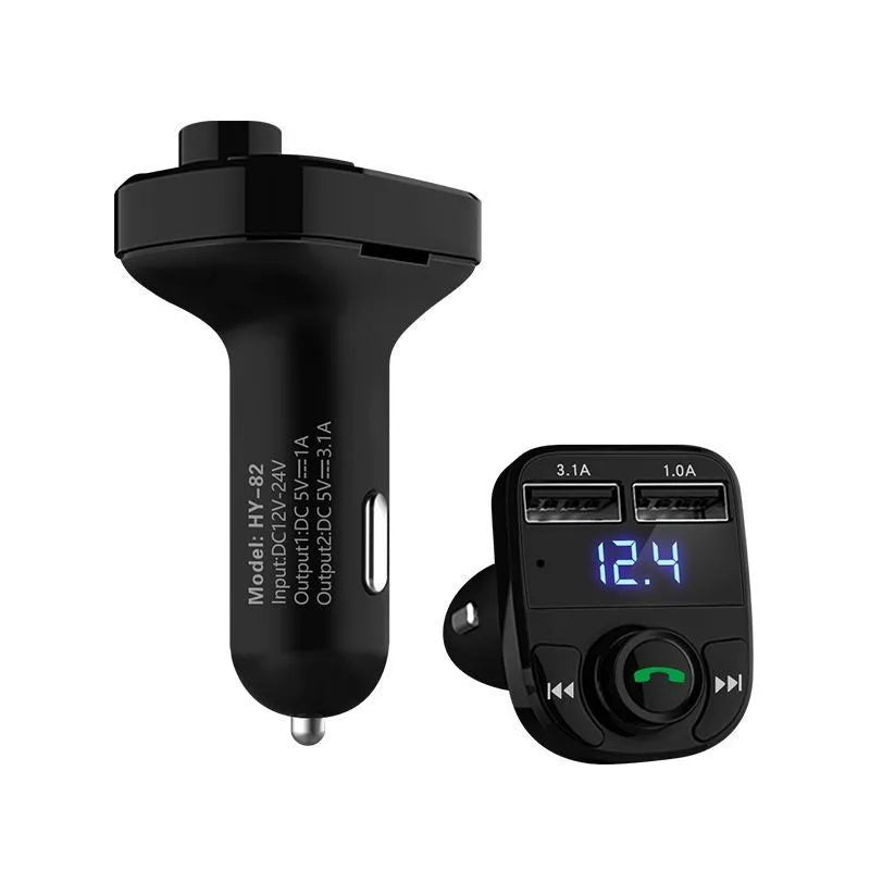 HY82 car Bluetooth MP3 player and FM transmitter plugged into a car cigarette lighter socket.