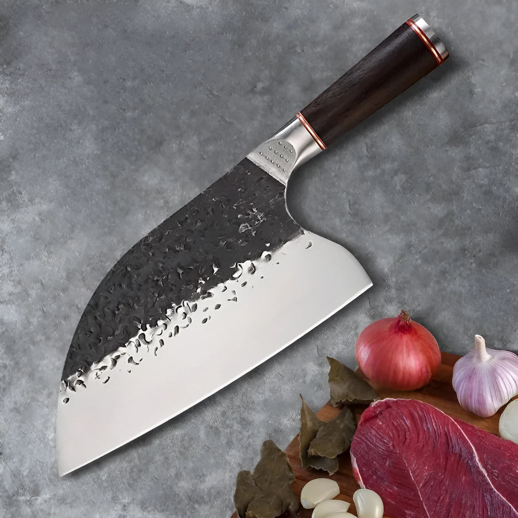 Kitchen chef's knife with stainless steel blade and ebony wood handle for cutting meat and bones.