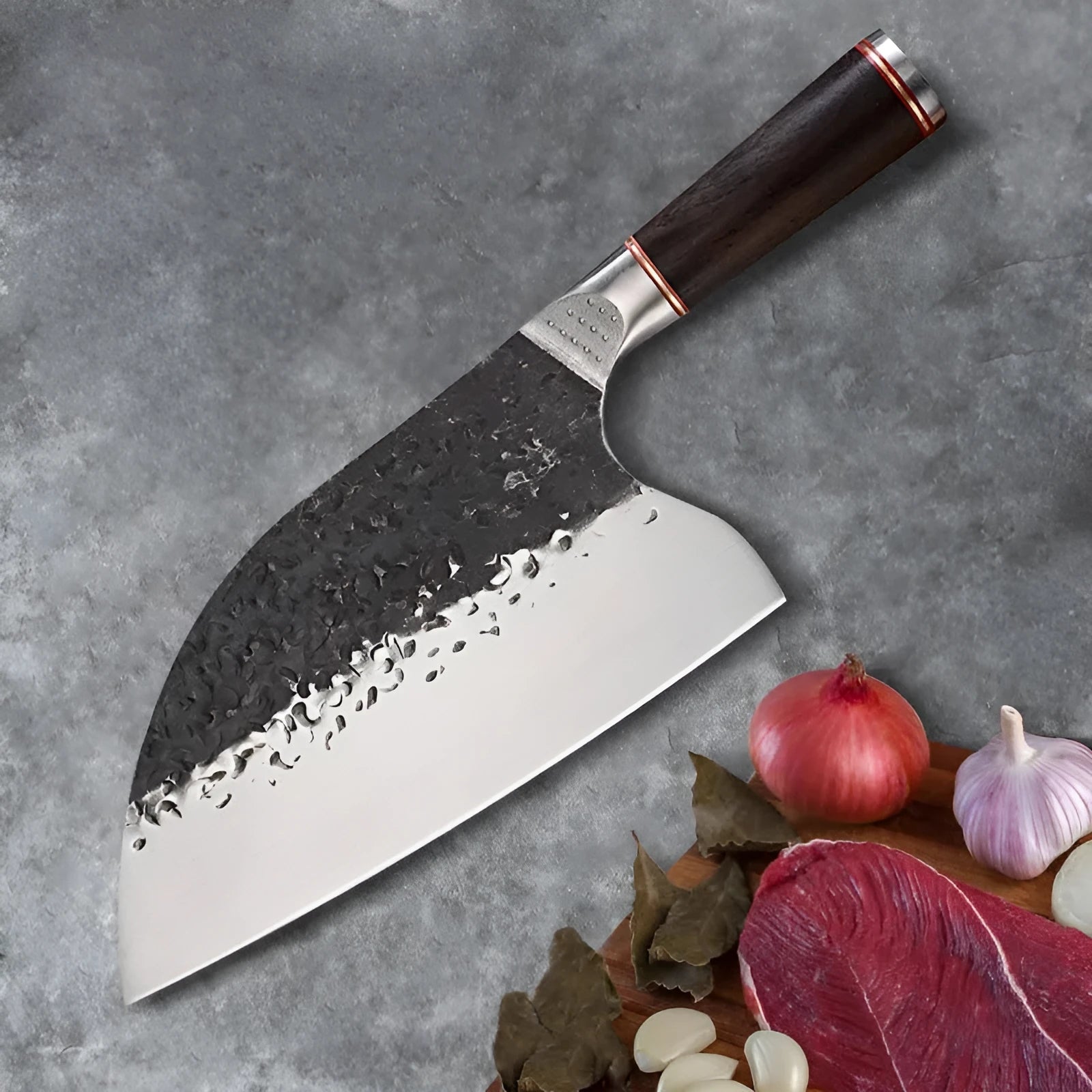 Kitchen chef's knife with stainless steel blade and ebony wood handle for cutting meat and bones.