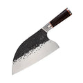 Kitchen chef's knife with stainless steel blade and ebony wood handle for cutting meat and bones.