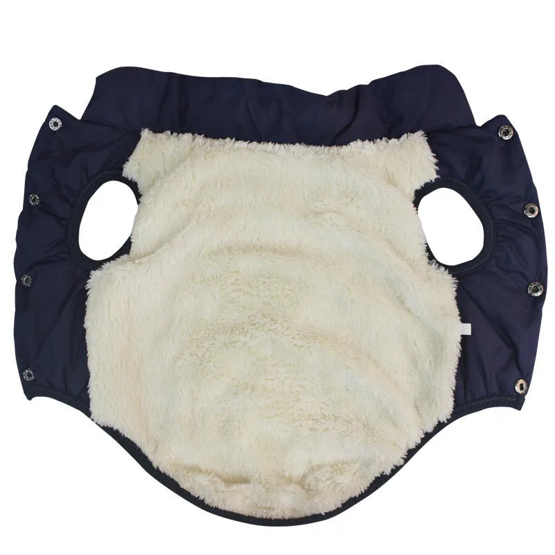 Padded polyester dog coat for large dogs, available in Khaki, Navy Blue or Red, sizes XS to 3XL