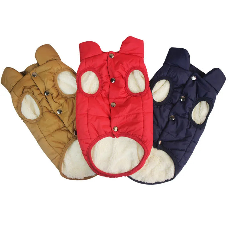 Padded polyester dog coat for large dogs, available in Khaki, Navy Blue or Red, sizes XS to 3XL