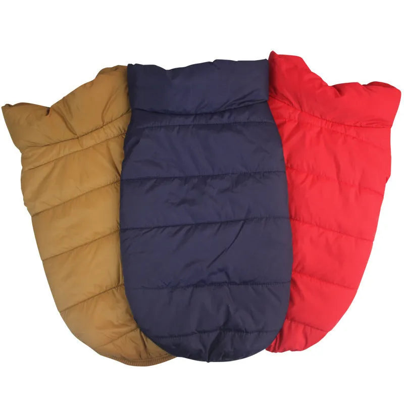 Padded polyester dog coat for large dogs, available in Khaki, Navy Blue or Red, sizes XS to 3XL