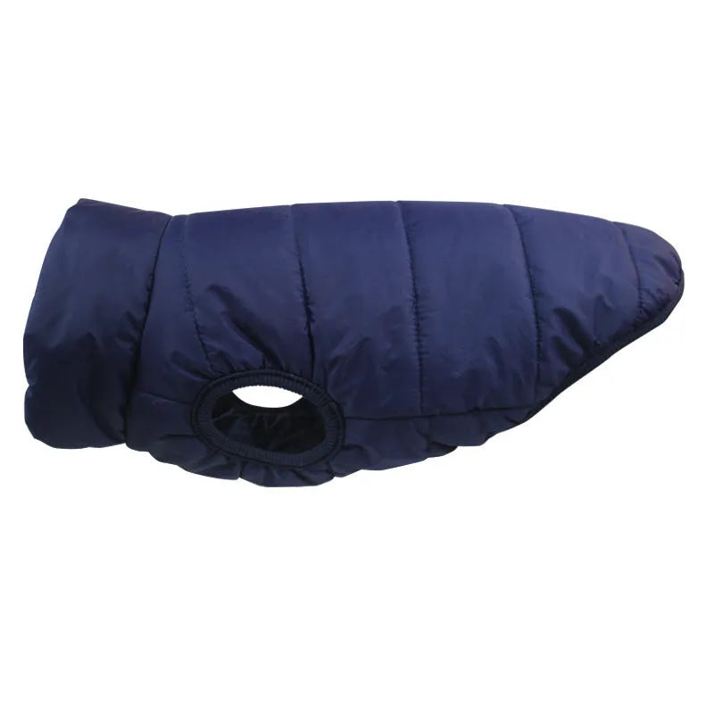 Padded polyester dog coat for large dogs, available in Khaki, Navy Blue or Red, sizes XS to 3XL