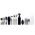 16-piece black mini garden tool set for succulents arranged on a 75cm square cushion mat, includes watering bottles, tweezers, and small shovel.