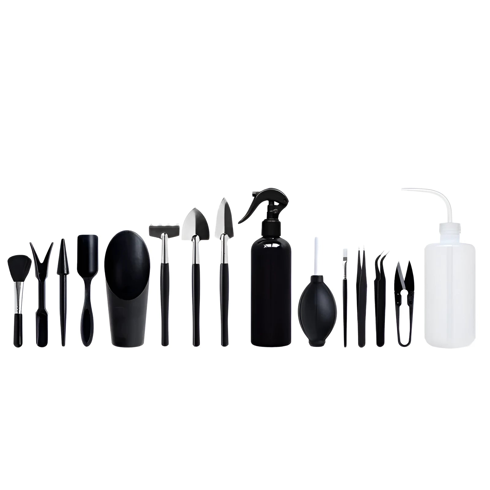 16-piece black mini garden tool set for succulents arranged on a 75cm square cushion mat, includes watering bottles, tweezers, and small shovel.