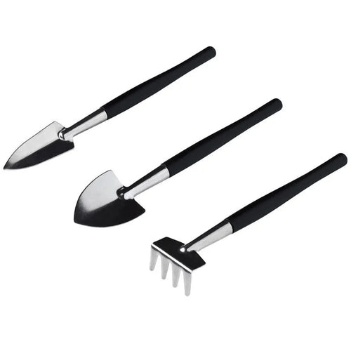 16-piece black mini garden tool set for succulents arranged on a 75cm square cushion mat, includes watering bottles, tweezers, and small shovel.
