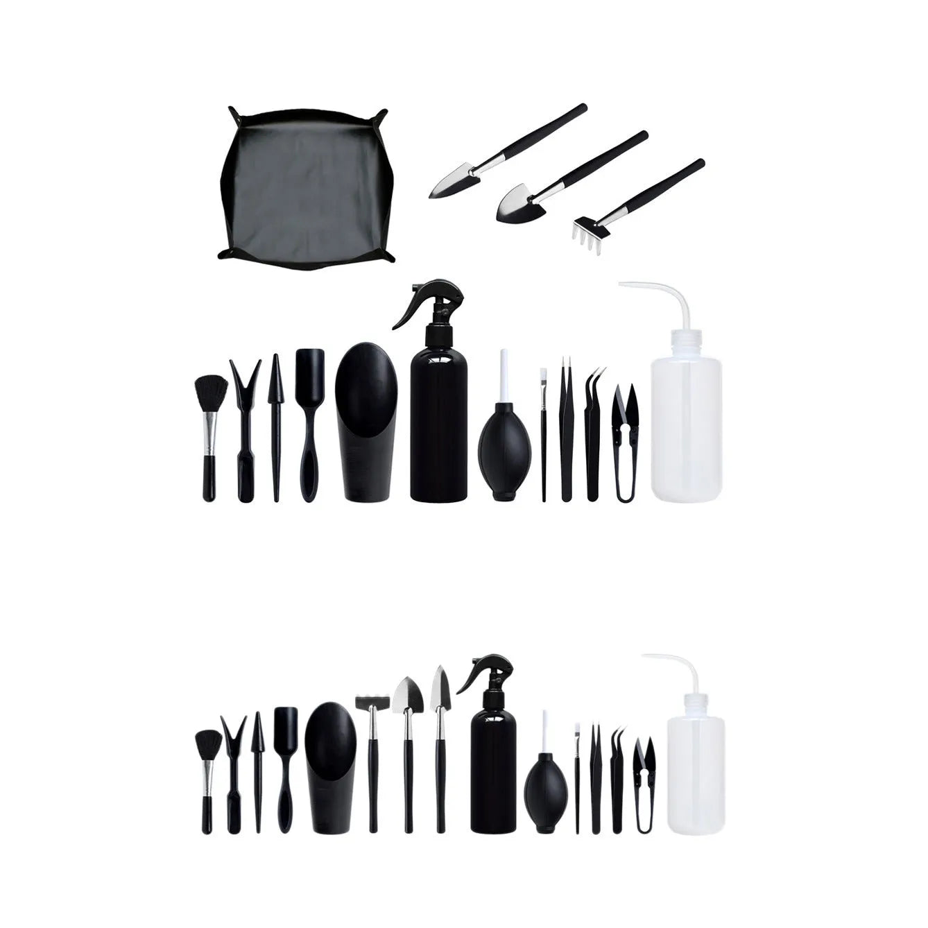 16-piece black mini garden tool set for succulents arranged on a 75cm square cushion mat, includes watering bottles, tweezers, and small shovel.