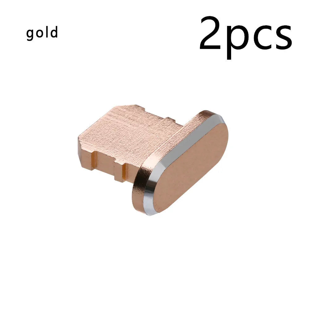 Aluminium alloy charging port dust plug for iPhone in various colours including gold, silver, blue, and black.