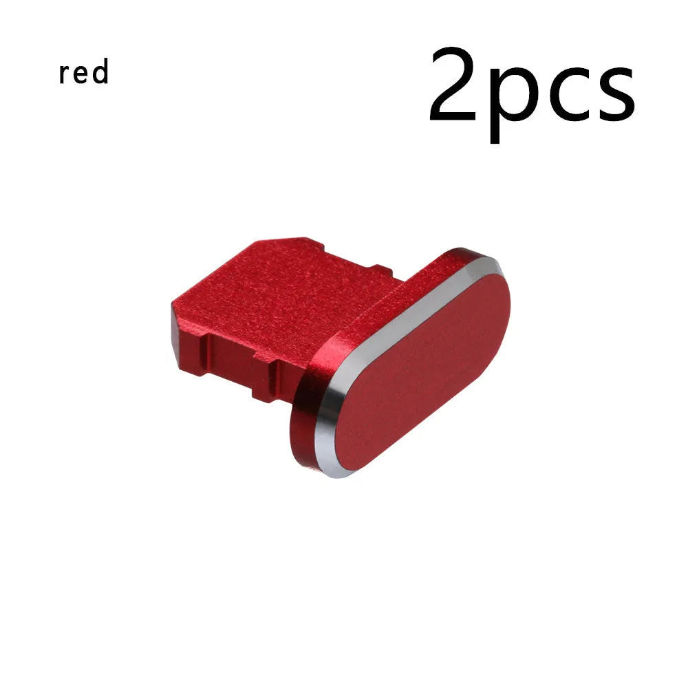 Aluminium alloy charging port dust plug for iPhone in various colours including gold, silver, blue, and black.