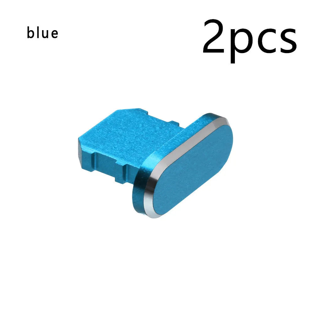 Aluminium alloy charging port dust plug for iPhone in various colours including gold, silver, blue, and black.