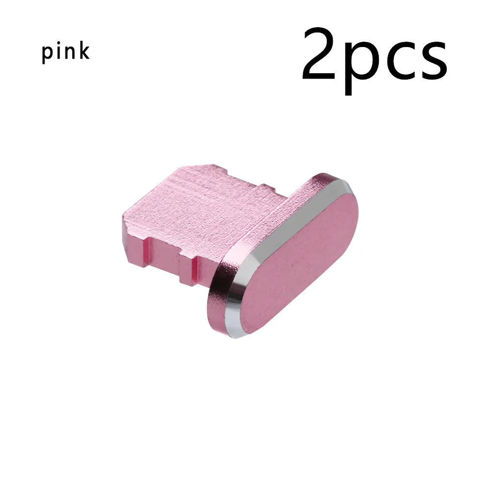 Aluminium alloy charging port dust plug for iPhone in various colours including gold, silver, blue, and black.