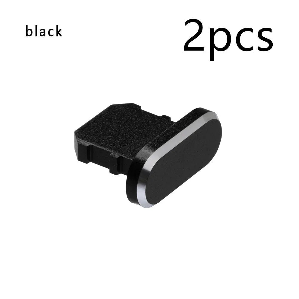 Aluminium alloy charging port dust plug for iPhone in various colours including gold, silver, blue, and black.