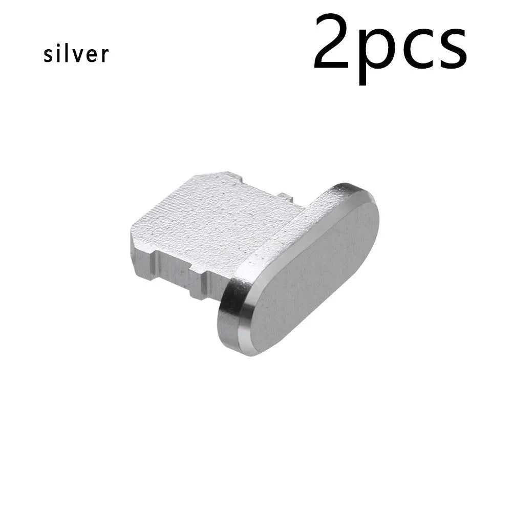 Aluminium alloy charging port dust plug for iPhone in various colours including gold, silver, blue, and black.