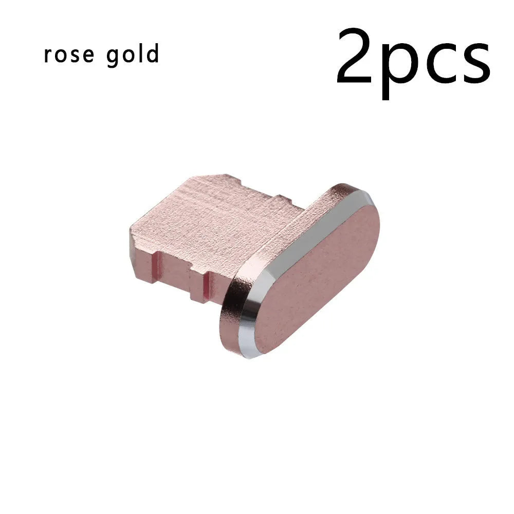 Aluminium alloy charging port dust plug for iPhone in various colours including gold, silver, blue, and black.
