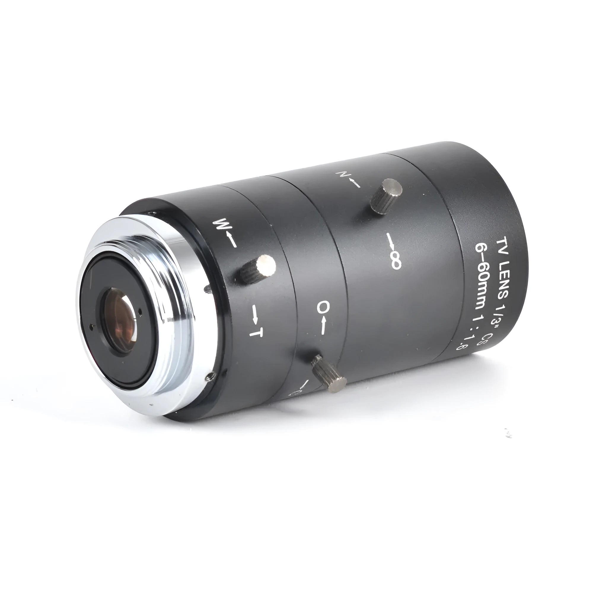 Black manual aperture 6-60mm CS mount CCTV camera lens on a flat surface.