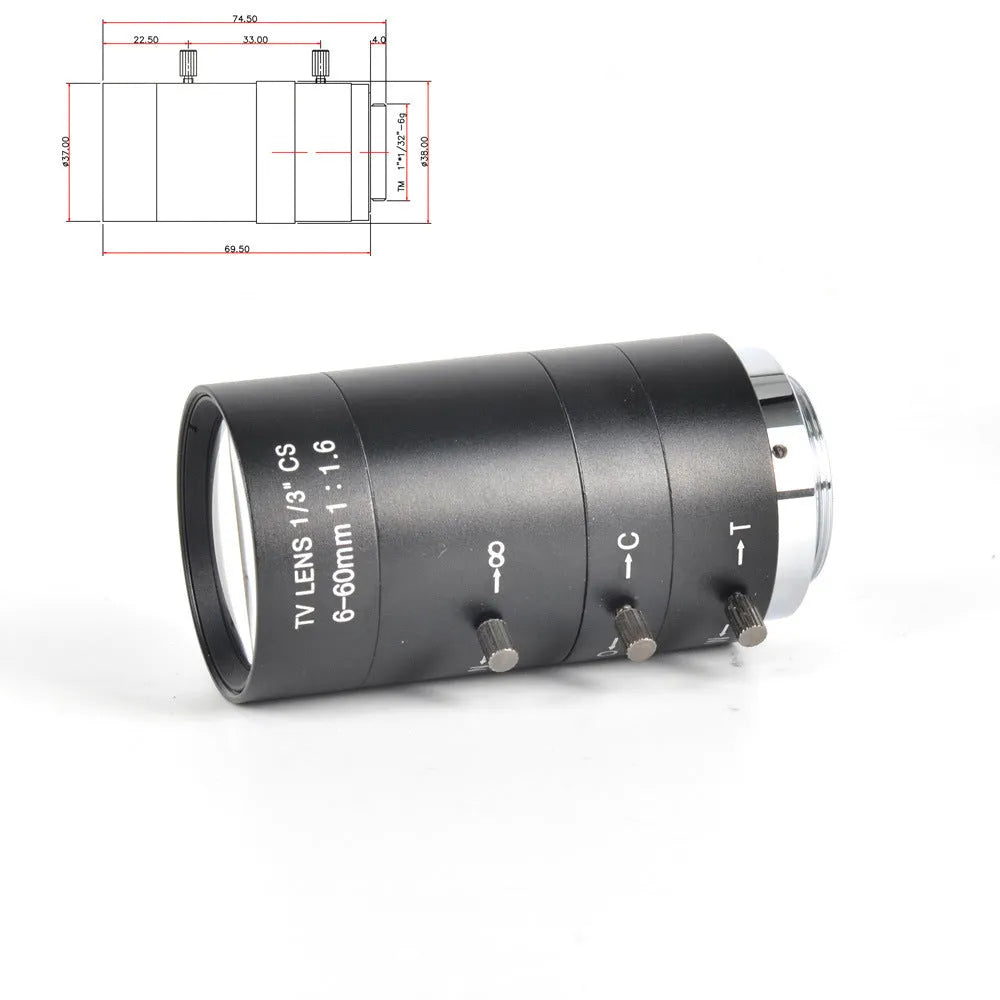 Black manual aperture 6-60mm CS mount CCTV camera lens on a flat surface.