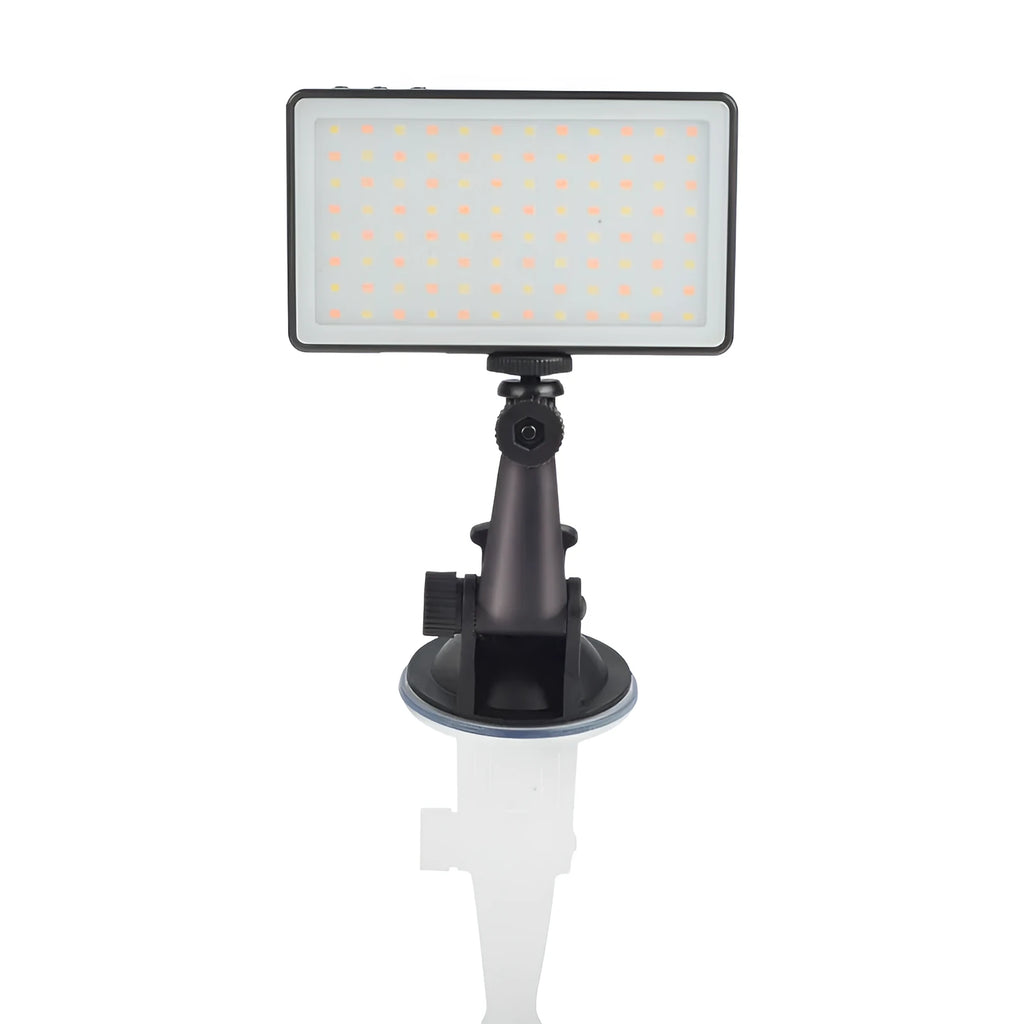Black aluminium LED video conference light panel showing 96 LEDs, a display screen, and a 1/4 inch mounting thread on the back.
