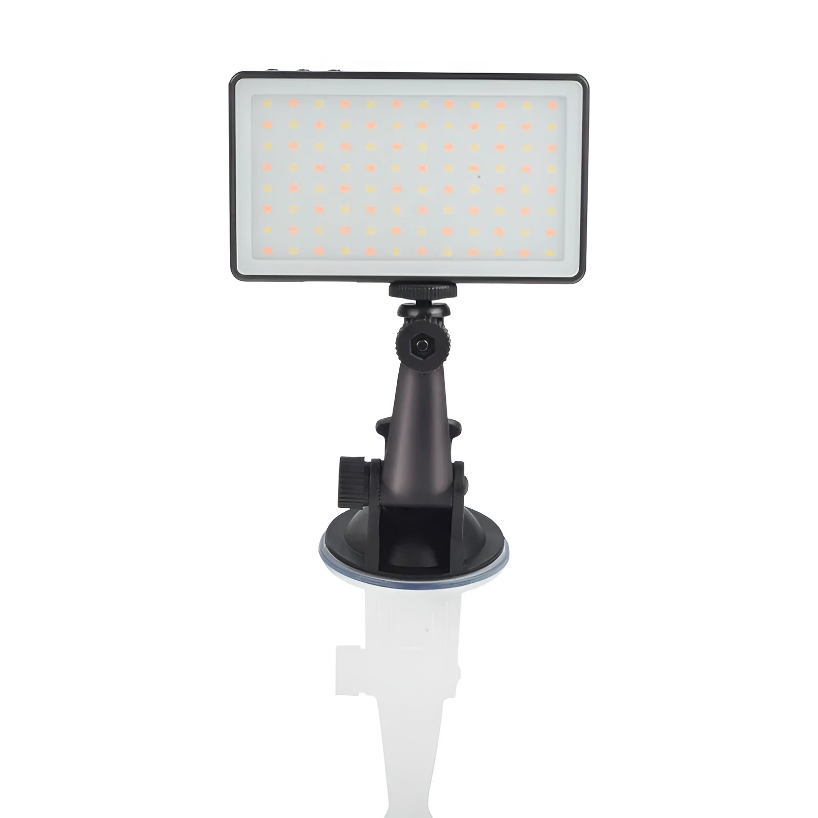Black aluminium LED video conference light panel showing 96 LEDs, a display screen, and a 1/4 inch mounting thread on the back.
