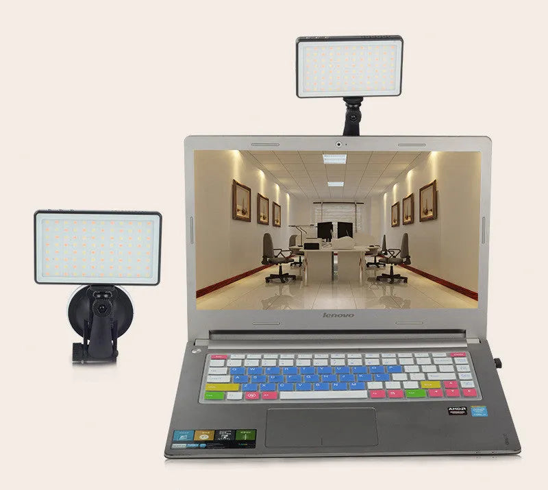 Black aluminium LED video conference light panel showing 96 LEDs, a display screen, and a 1/4 inch mounting thread on the back.
