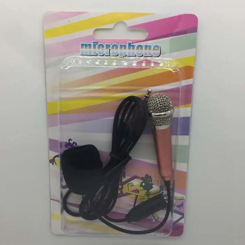 T3 mini condenser karaoke microphone for Android phones in blue, gold, red, and silver colours with a 3.5mm cable.